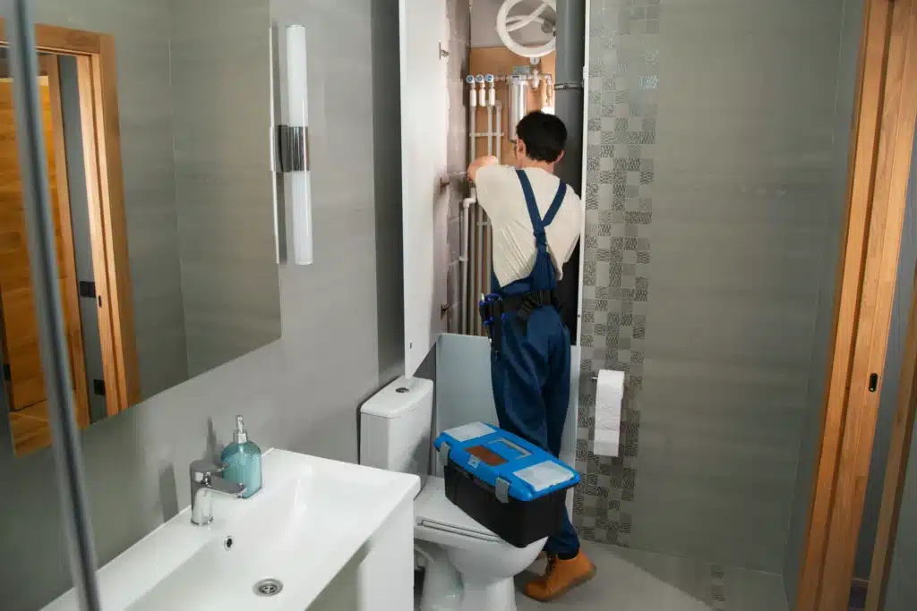 Plombier Nancy réalisant une réparation de plomberie sous un lavabo moderne.