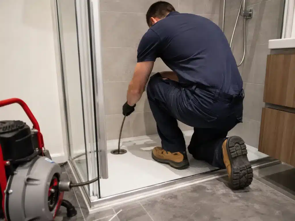 Plombier Nancy réalisant le nettoyage d’une évacuation de douche dans une salle de bain.