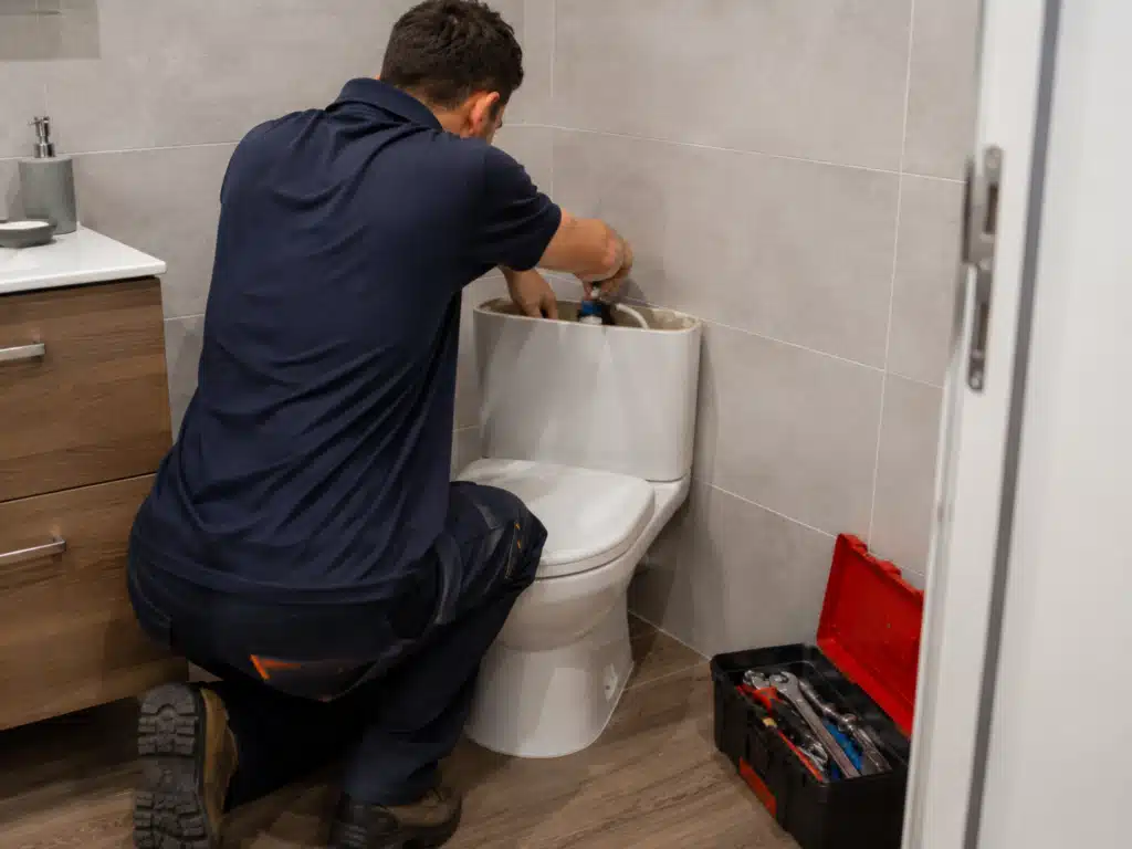 Plombier Nancy intervenant pour réparer le mécanisme d’un WC dans une salle de bain.