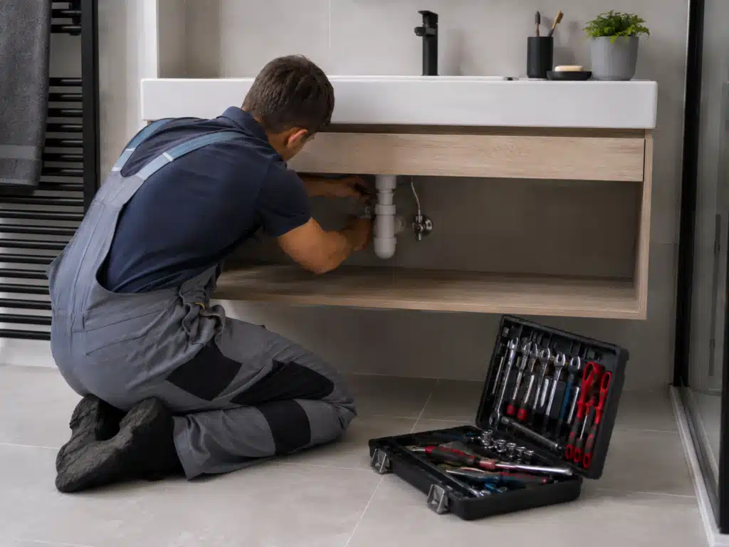 Plombier Nancy réalisant une réparation de plomberie sous un lavabo moderne.