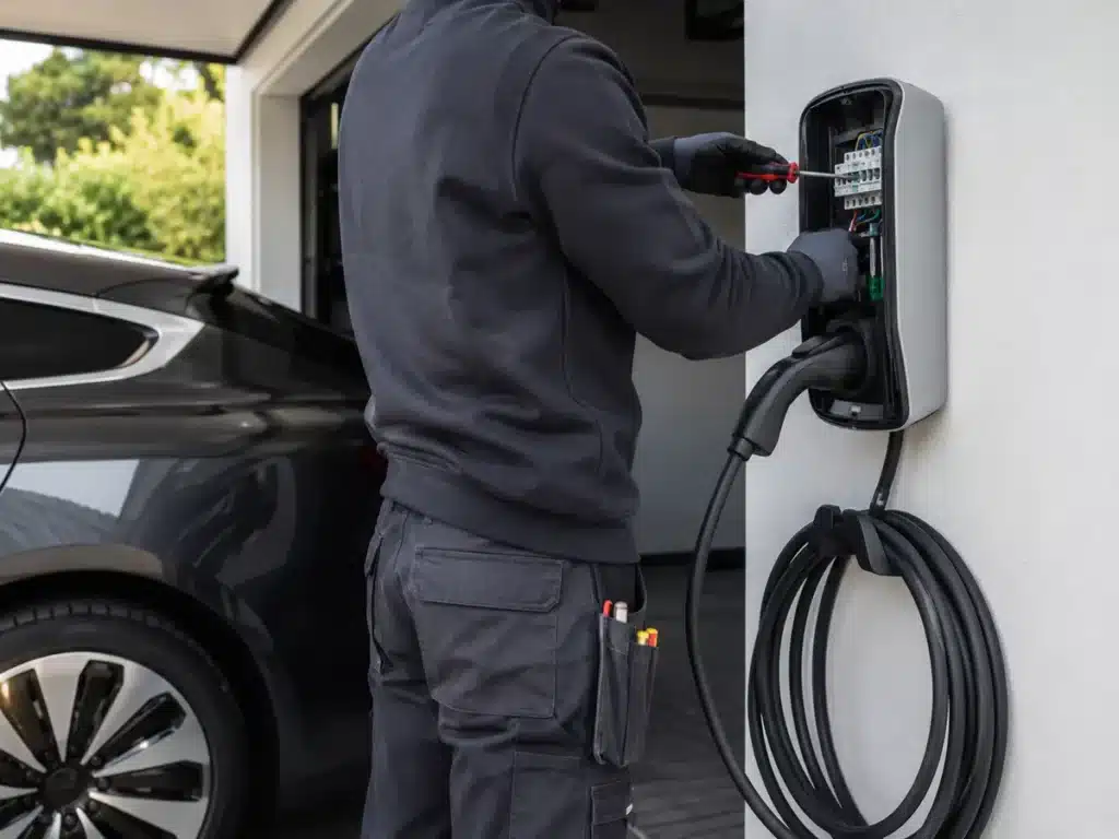 Artisan électricien installant une borne de recharge IRVE pour véhicule électrique à domicile.