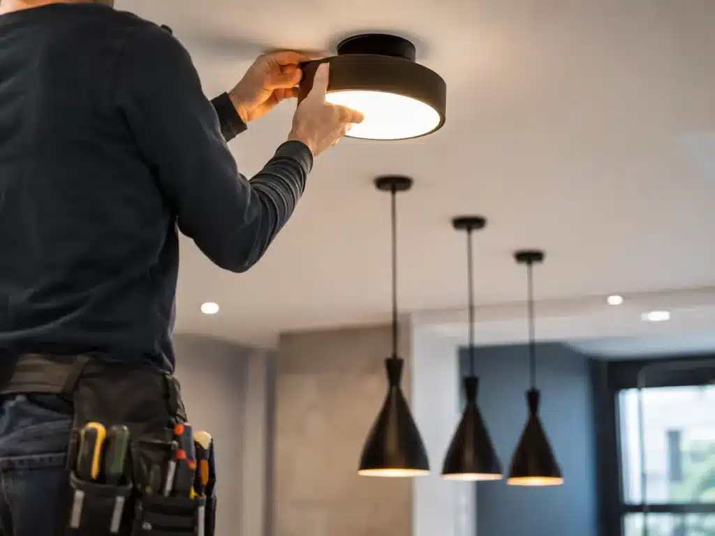 Électricien installant un luminaire moderne.