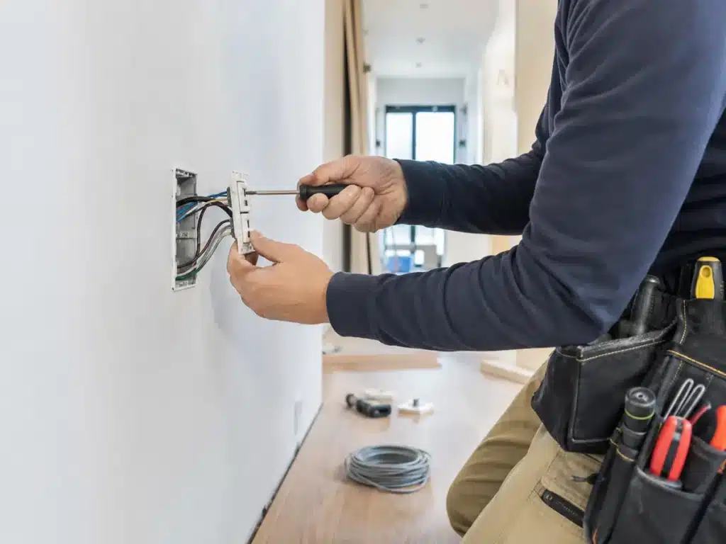 Artisan électricien réalisant une installation et rénovation électrique avec prises et circuits.