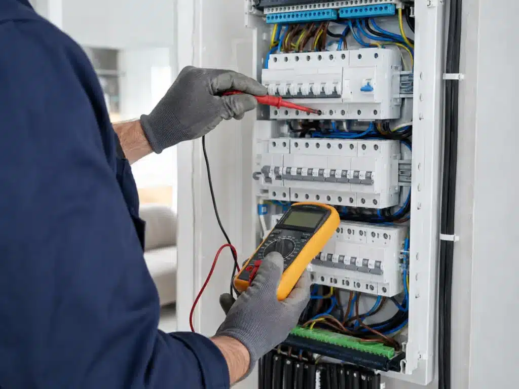 Artisan électricien contrôlant un tableau électrique pour une mise aux normes NF C 15-100 et une mise en sécurité.