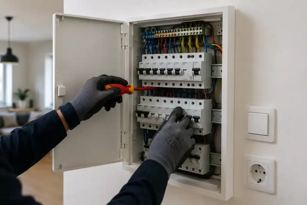 Électricien travaillant sur un tableau électrique.