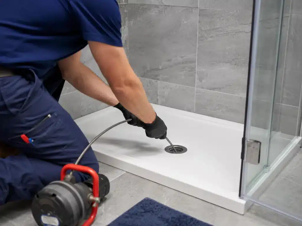 Entreprise plombier chauffagiste intervenant pour le dépannage d’une douche et de son évacuation.
