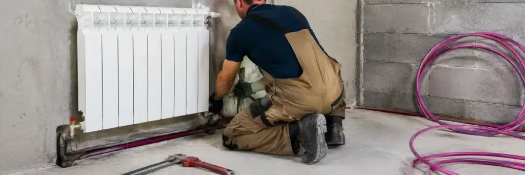 Entreprise plombier chauffagiste installant un radiateur et son réseau de chauffage dans un bâtiment.