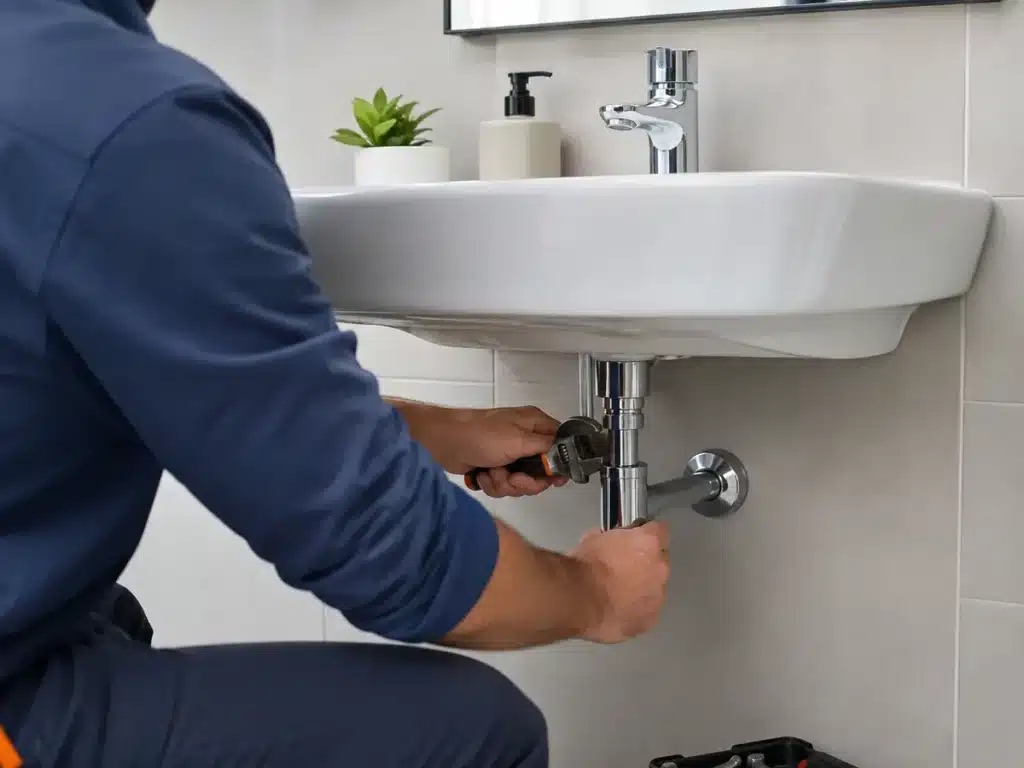 Entreprise plombier chauffagiste réalisant une réparation de plomberie sous un lavabo.