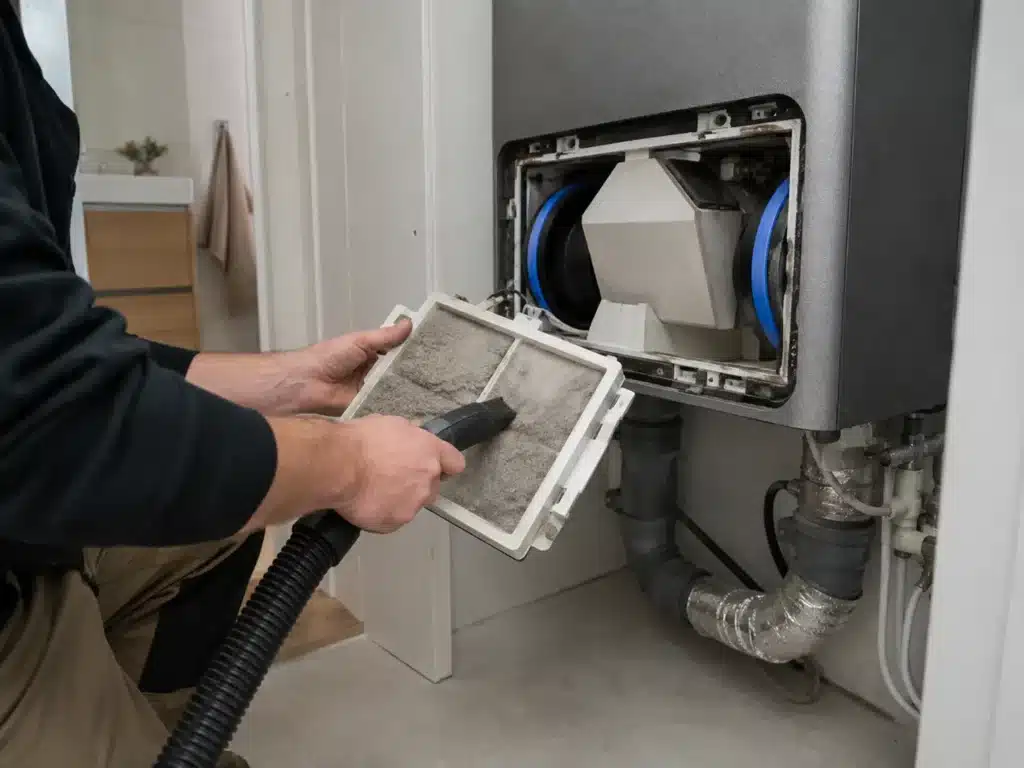 Installateur VMC vérifiant une bouche d’extraction dans une salle de bain.