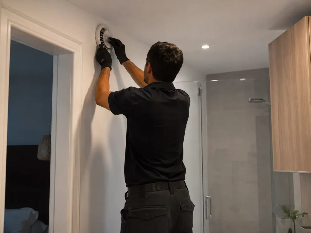 Installateur VMC examinant le fonctionnement d’un caisson de ventilation.