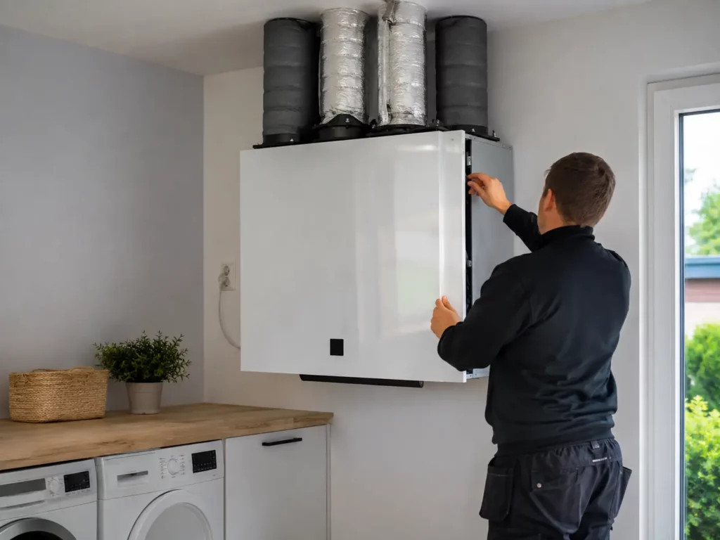 Installateur VMC intervenant sur une VMC double flux installée dans un logement.