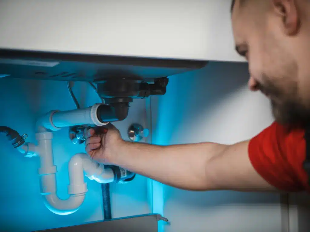 Plombier Nancy effectuant une réparation sur un radiateur dans un logement.