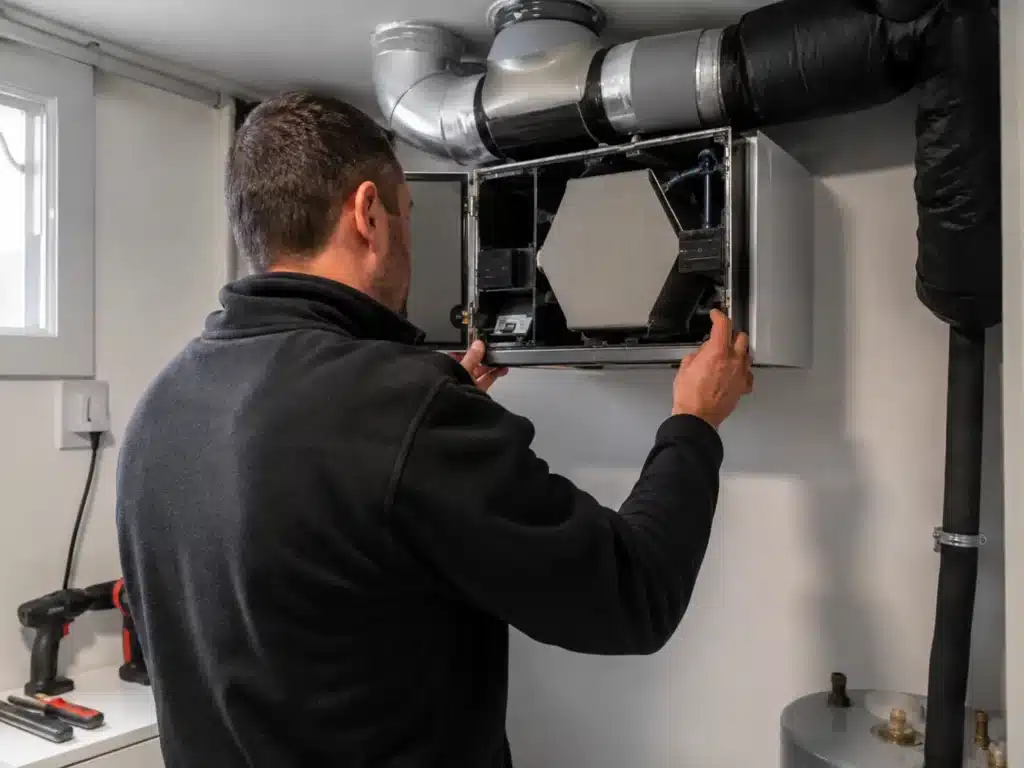 Installateur VMC réalisant l’entretien d’une bouche d’aération intérieure.